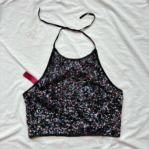 NEW WITH TAGS Emma Black Silk embellished Sequin Halter Crop Top Cami tank top